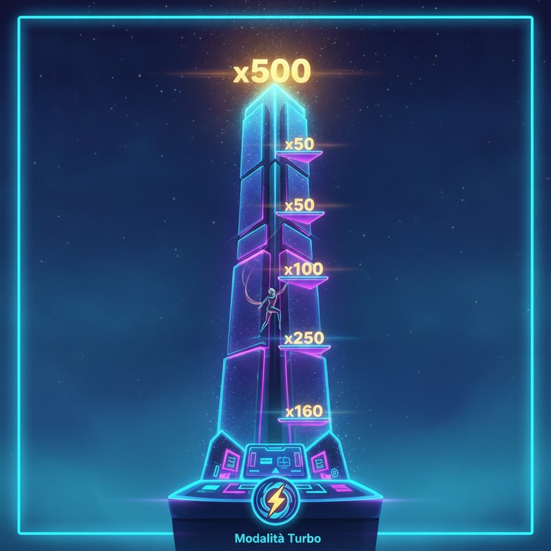 Tower Rush slot di Galaxsys con torre verticale illuminata al neon, moltiplicatori progressivi crescenti da x1 a x500, interfaccia futuristica con livelli di arrampicata e modalità Turbo